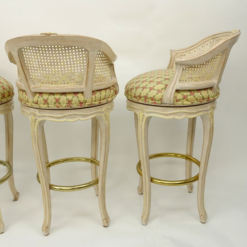 Set of Three (3) Mid Century Carved Venetian Style Cane Back and Upholstered Bar Stools