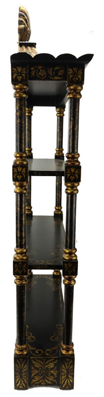 Mid Century Carved Wood Black and Gold Painted Wall Shelf