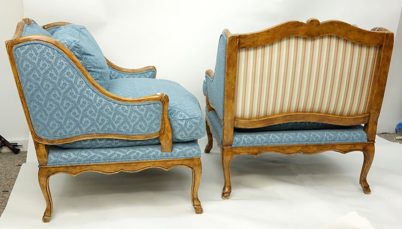Pair of Mid Century Blue Upholstered Wing Back Bergere Chairs