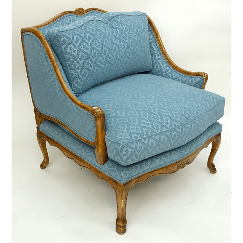 Pair of Mid Century Blue Upholstered Wing Back Bergere Chairs