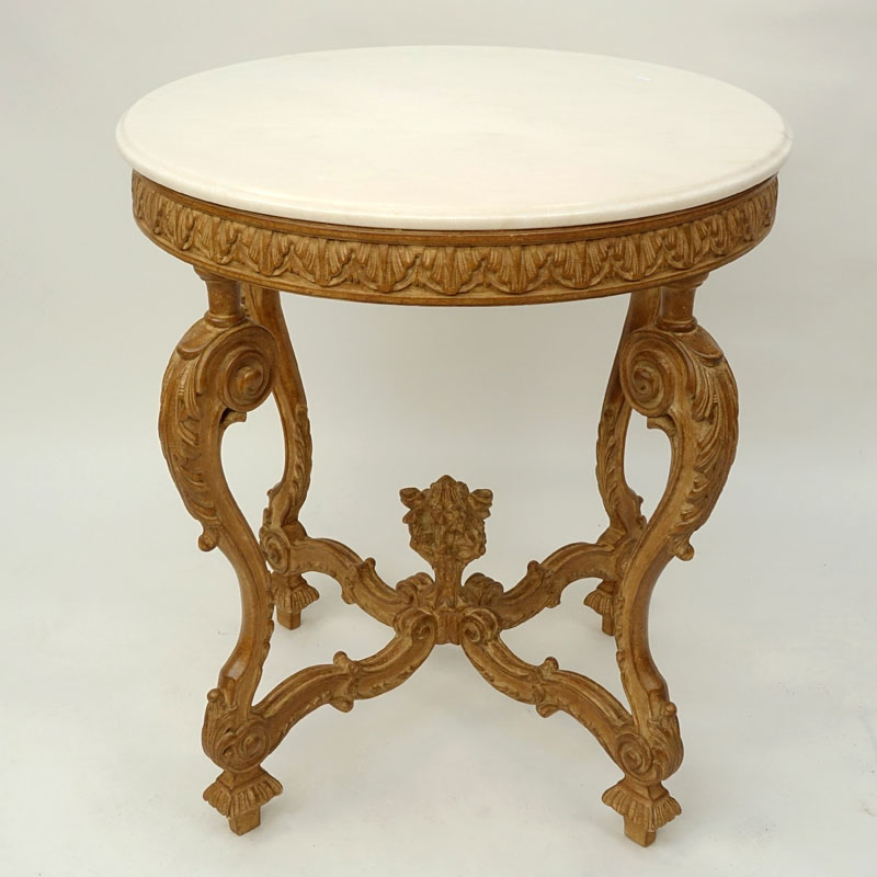 Mid Century French Louis XVI Style White Marble Top Round Side Table