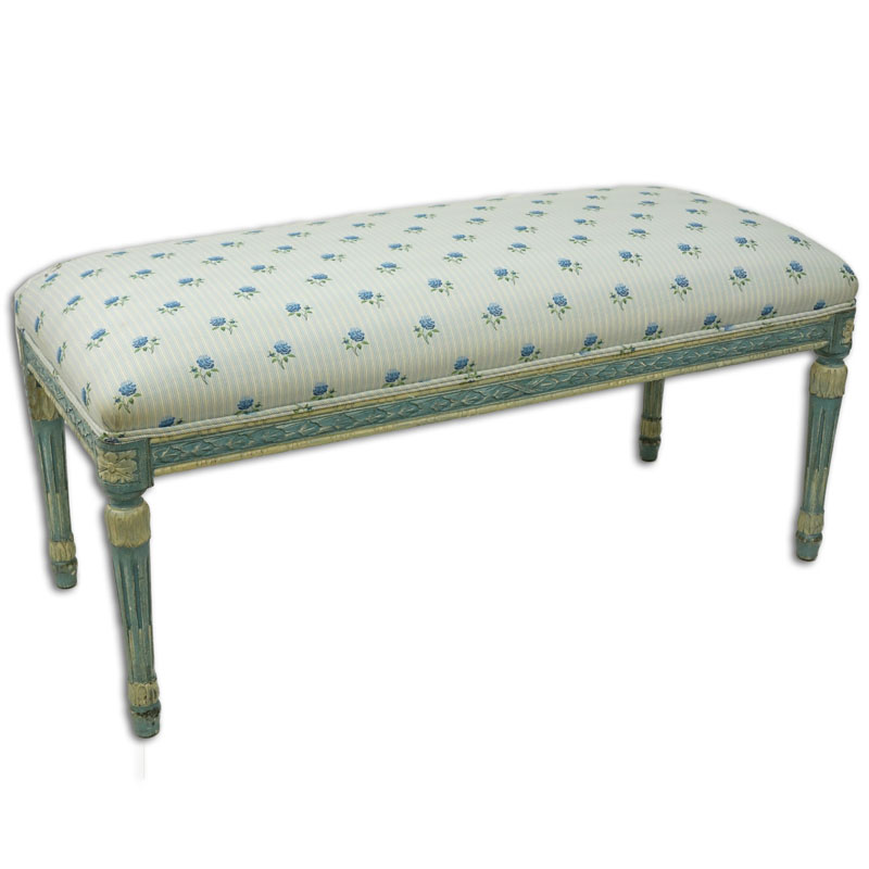 Mid Century Louis XVI Style Carved Wood and Upholstered Bench