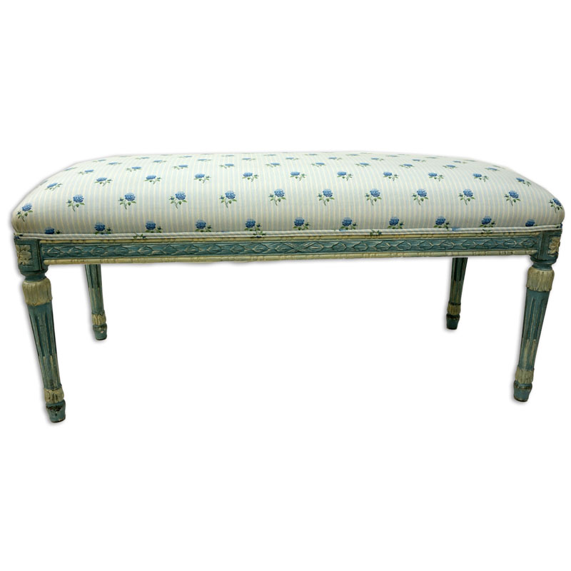 Mid Century Louis XVI Style Carved Wood and Upholstered Bench