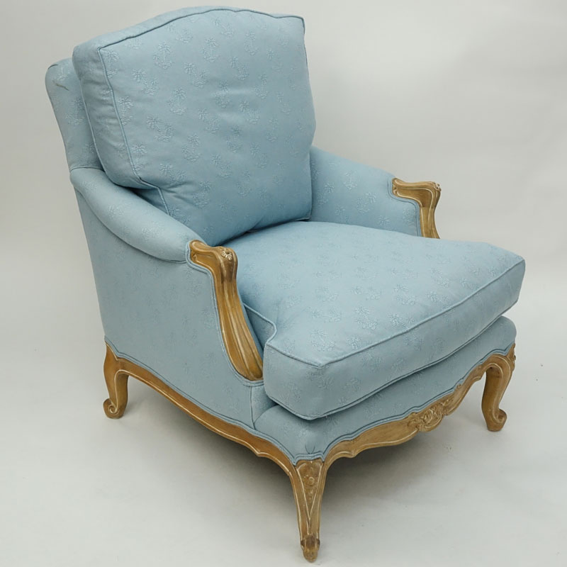 Vintage Carved Wood and Blue Upholstered Bergere Chair