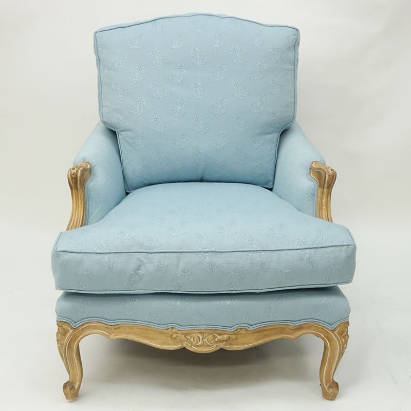 Vintage Carved Wood and Blue Upholstered Bergere Chair
