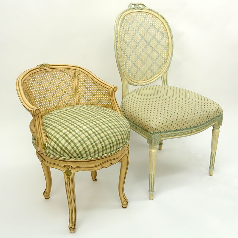 Grouping of Two (2) Mid Century Carved Wood and Upholstered Louis XVI Style Chairs