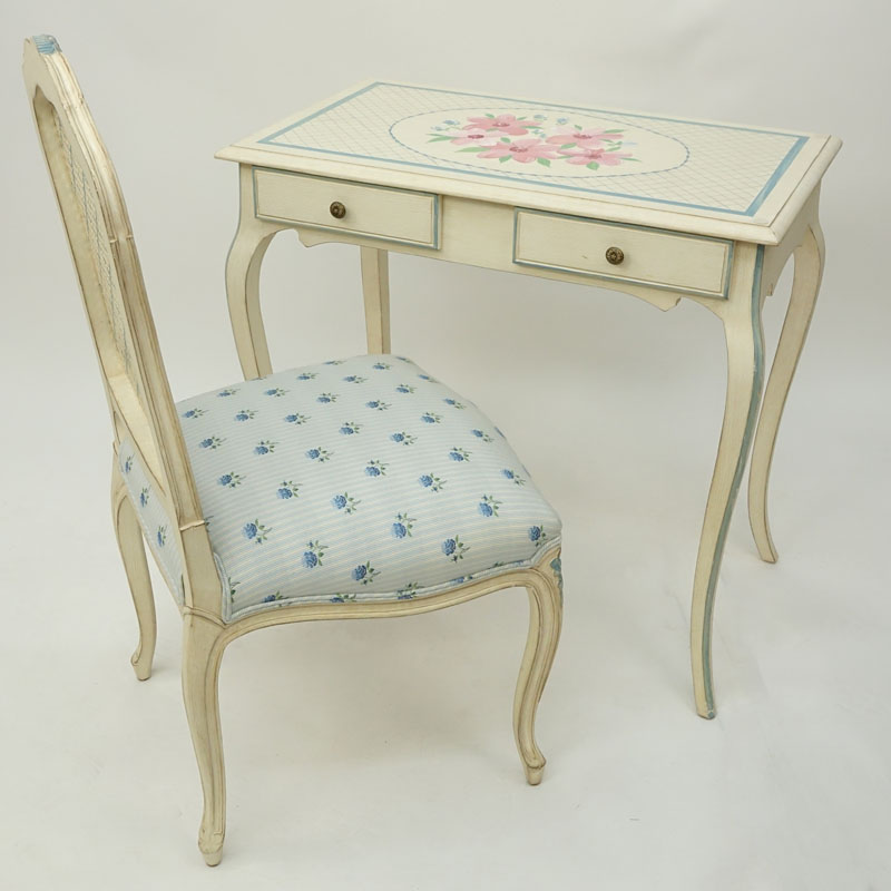 Vintage Hand Painted Louis XV Style Writing Desk and Chair