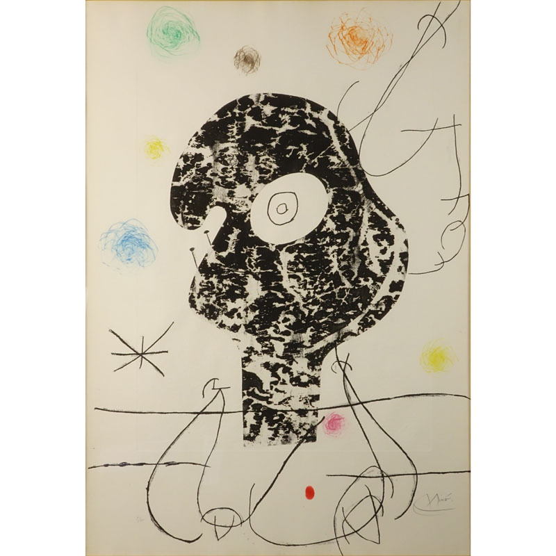 Joan Miro, Spanish (1893-1983) An original color drypoint and cement imprint on mandeure rag paper, depicting the abstracted female form, by Joan Miro