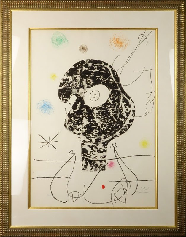 Joan Miro, Spanish (1893-1983) An original color drypoint and cement imprint on mandeure rag paper, depicting the abstracted female form, by Joan Miro