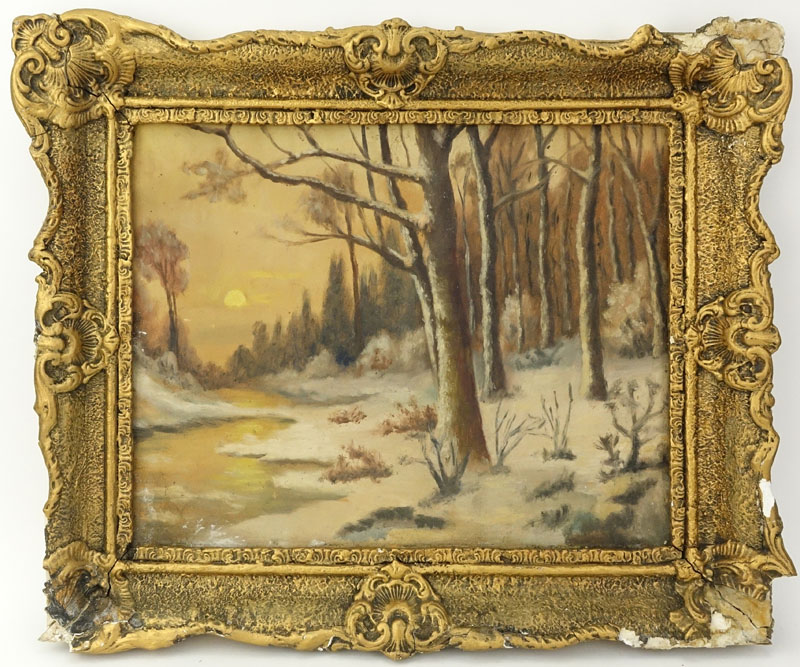 Antique Russian School Oil On Board "Winter Landscape"