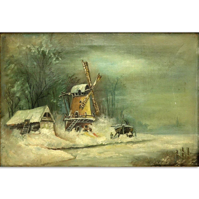 Antique Dutch School Oil On Canvas "Winter Landscape"