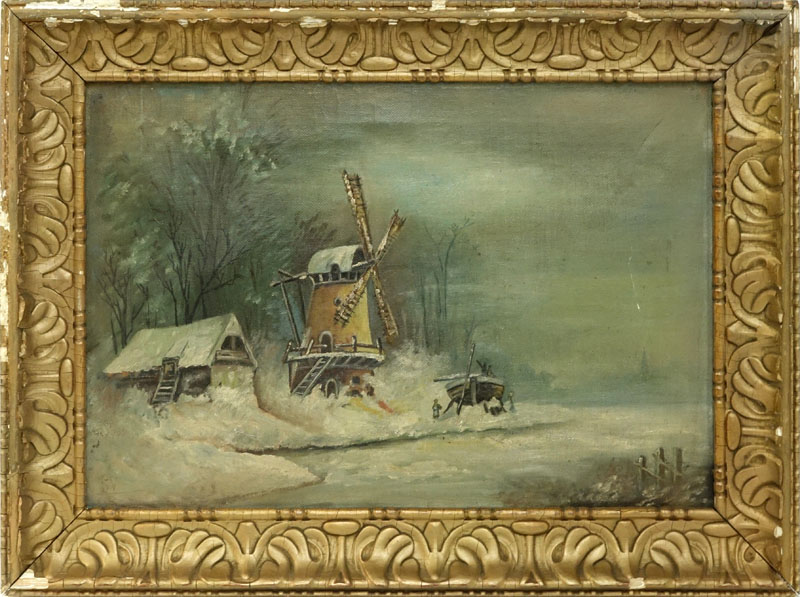 Antique Dutch School Oil On Canvas "Winter Landscape"