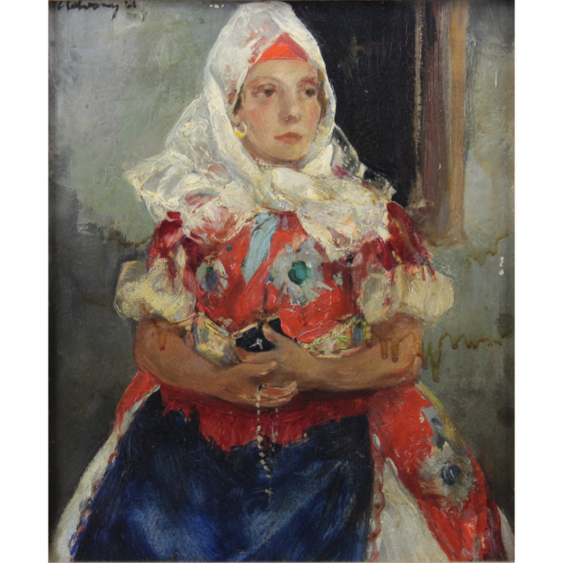 Antique Russian School Oil on Panel "Woman With Prayer Book and Rosary" Signed upper left
