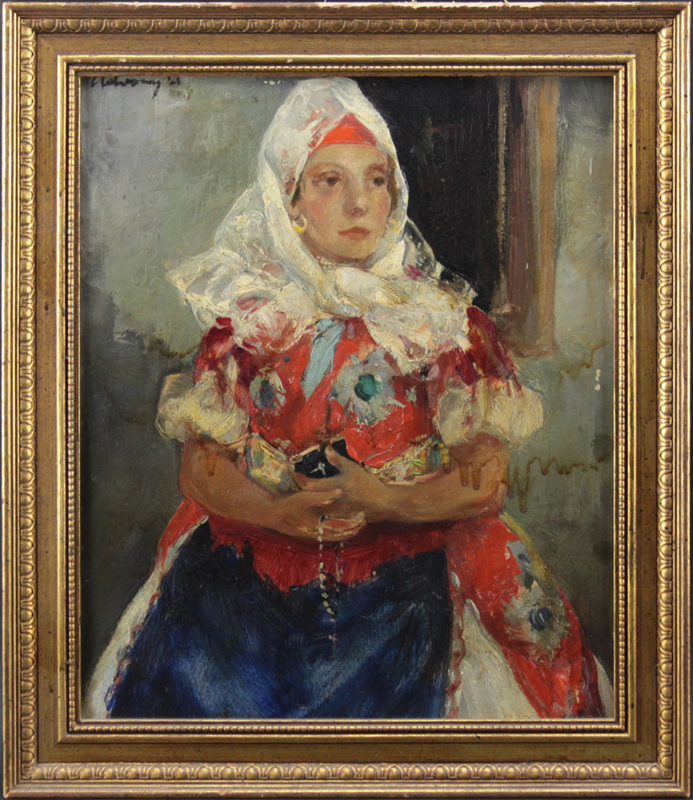 Antique Russian School Oil on Panel "Woman With Prayer Book and Rosary" Signed upper left