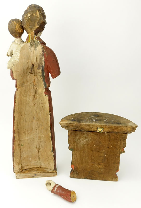 Antique Carved Wood Polychrome Santos Figure and Carved Wood Bracket