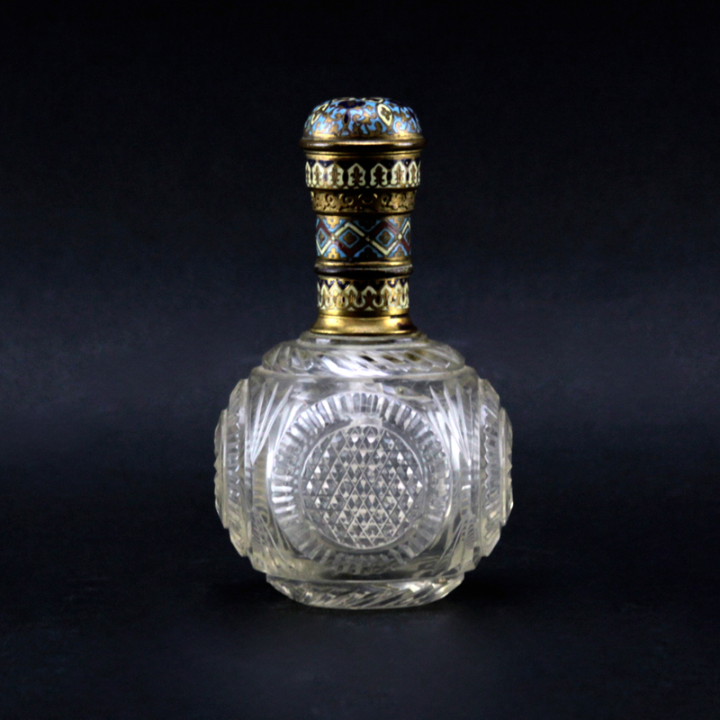 Antique French Champlevé Enamel and Crystal Perfume Bottle