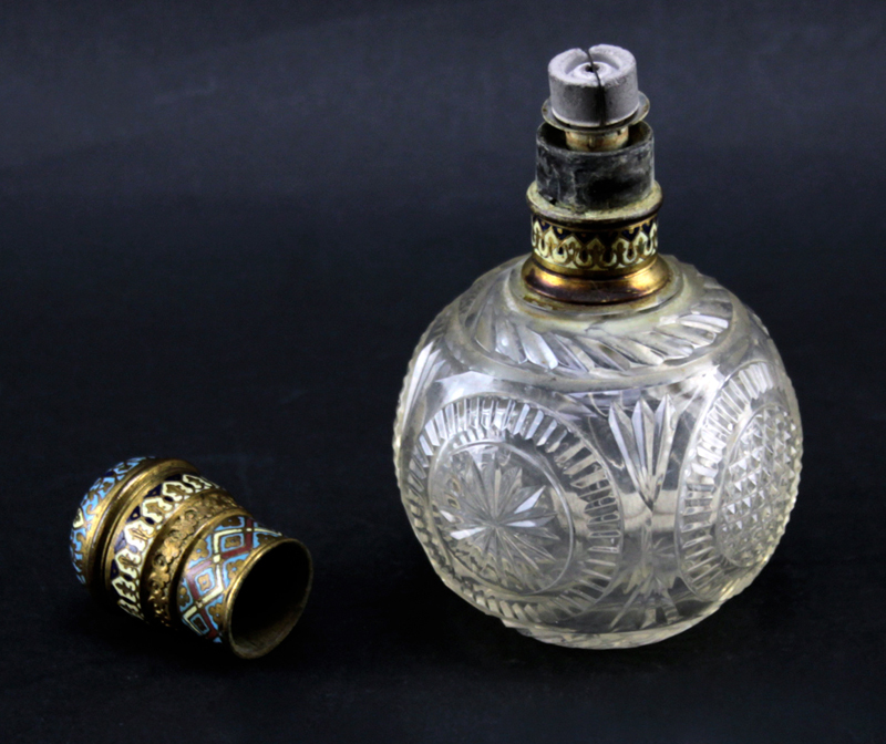 Antique French Champlevé Enamel and Crystal Perfume Bottle