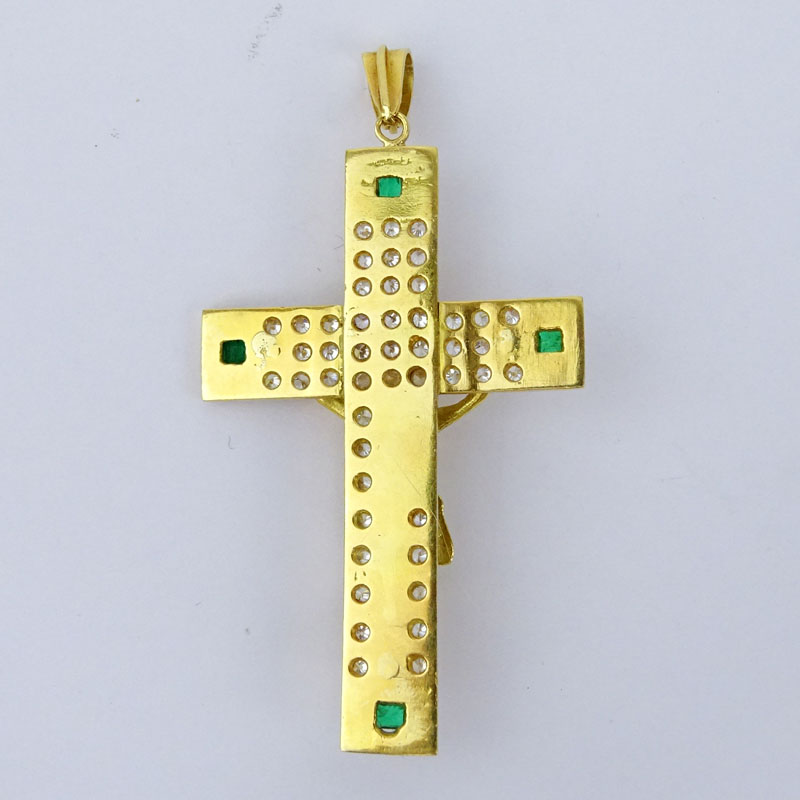 Vintage Heavy 18 Karat Yellow Gold Cross Pendant accented with Round Cut Diamonds and Emerald Cut Emeralds