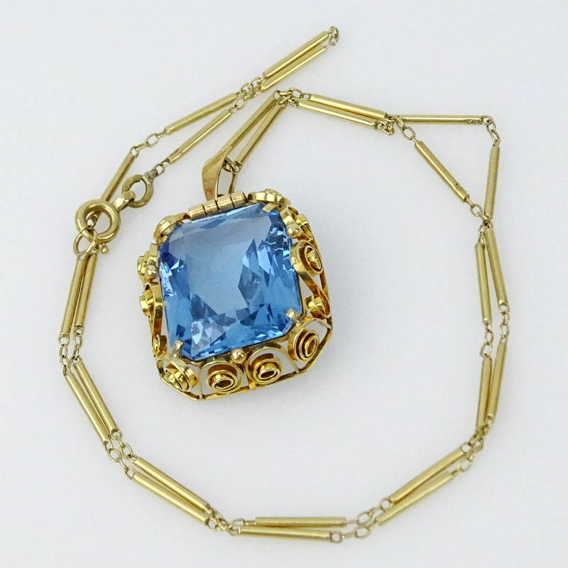 Large London Blue Topaz and 14 Karat Yellow Gold Pendant Necklace
