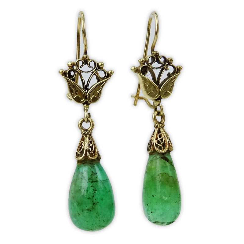 Vintage Tear Drop Emerald and 14 Karat Yellow Gold Pendant Earrings