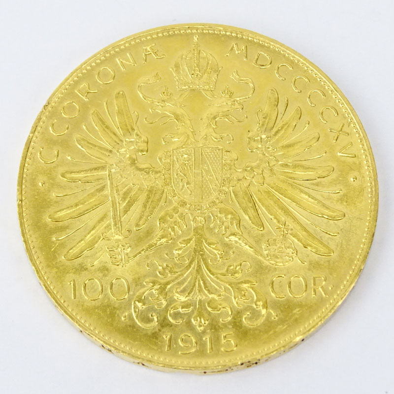 1915 Austrian 100 Corona Gold Austrian/Hungarian Coin