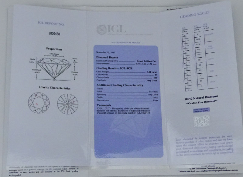 IGL Certified 1.42 Carat Round Brilliant Cut Diamond. D color, SI2 clarity. 