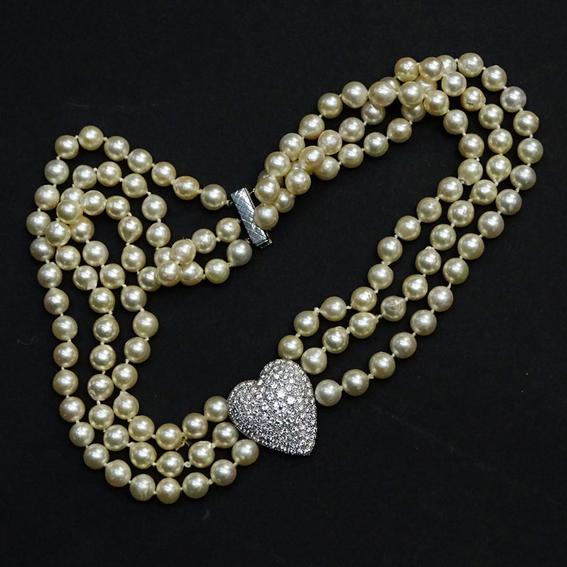 Vintage Three Strand 7.5mm White Pearl Necklace Accented with Approx. 5.0 Carat Pave Set Round Brilliant Cut Diamond and 14 Karat White Gold Heart