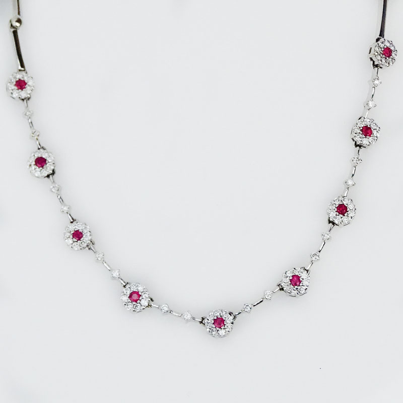 Delicate 14 Karat White Gold, Diamond and Ruby Necklace