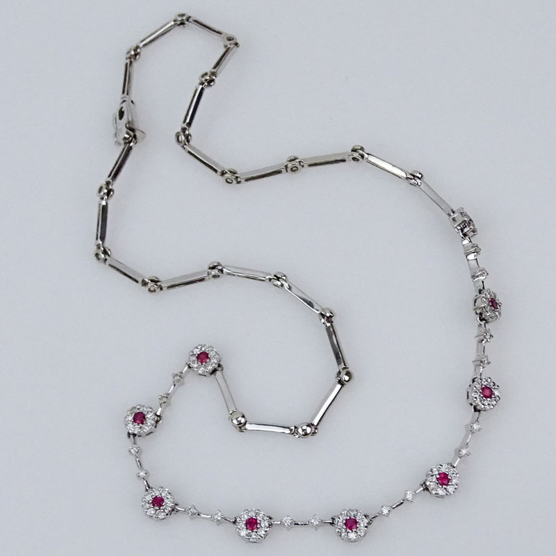 Delicate 14 Karat White Gold, Diamond and Ruby Necklace