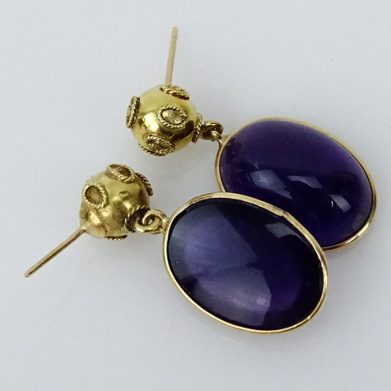 Cabochon Amethyst and 14 Karat Yellow Gold Earrings