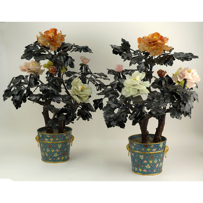 Pair of Large Vintage Chinese Gemstone Ming Trees in Cloisonne Bases