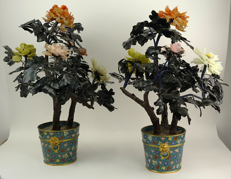 Pair of Large Vintage Chinese Gemstone Ming Trees in Cloisonne Bases