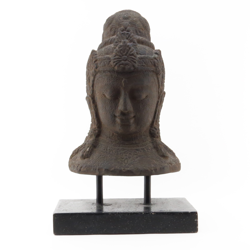 Antique Carved Stone Buddha Head On Stand