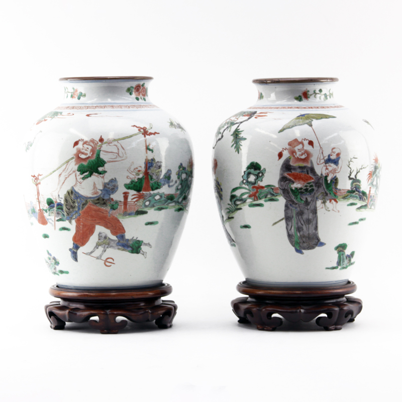 Pair of 19th Century Chinese Famille Vert Hand Painted Jars on Wooden Stands