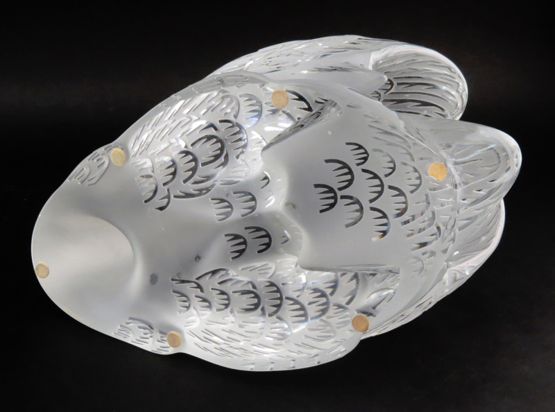 Pair Lalique Crystal Swans on Mirrored Base