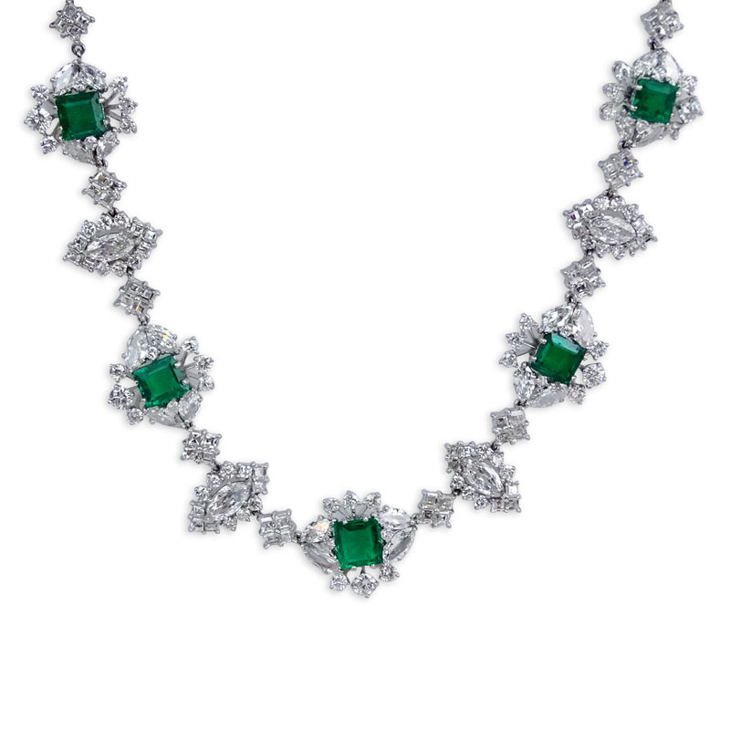 8.12 Carat Octagonal Step Cut Colombian Emerald, Approx. 46.88 Carat Round, Marquise and Square Cut Diamond and Platinum Necklace. 