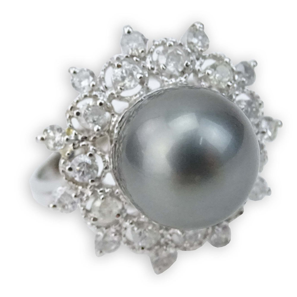 12.0mm Tahitian Black Pearl, .92 Carat Round Brilliant Cut Diamond and 14 Karat White Gold Ring.