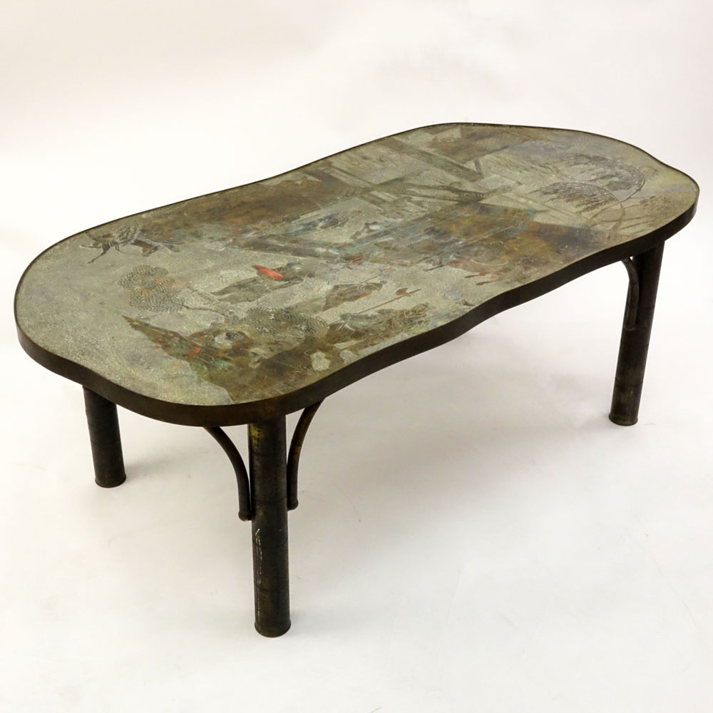 Vintage Philip and Kelvin Laverne, American c. 1965 Acid-etched and Patinated Brass over Pewter and Wood Chinoiserie style Coffee Table.