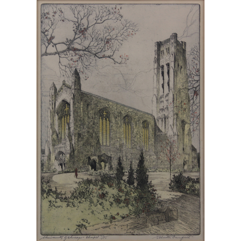 S. Chester Danforth, American (b-1896) Colored Etching "University of Chicago, Chapel"