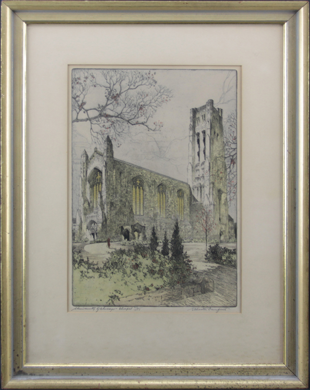 S. Chester Danforth, American (b-1896) Colored Etching "University of Chicago, Chapel"