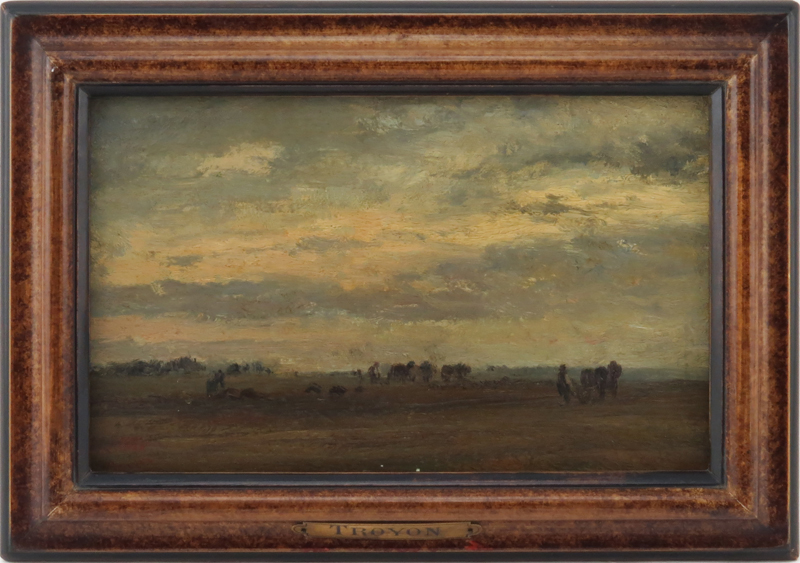 Constant Troyon (FRENCH, 1810-1865) Oil on panel Sketch "Labourage en plain, ciel nuageux" Label en verso