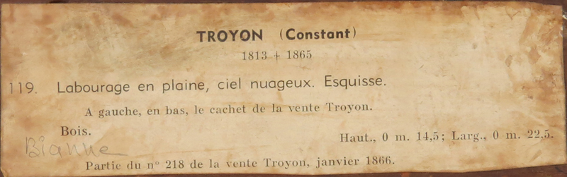 Constant Troyon (FRENCH, 1810-1865) Oil on panel Sketch "Labourage en plain, ciel nuageux" Label en verso