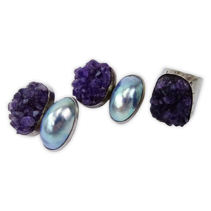 Rebecca Collins Sterling Silver, Shell, and Amethyst Earring and Ring Suite
