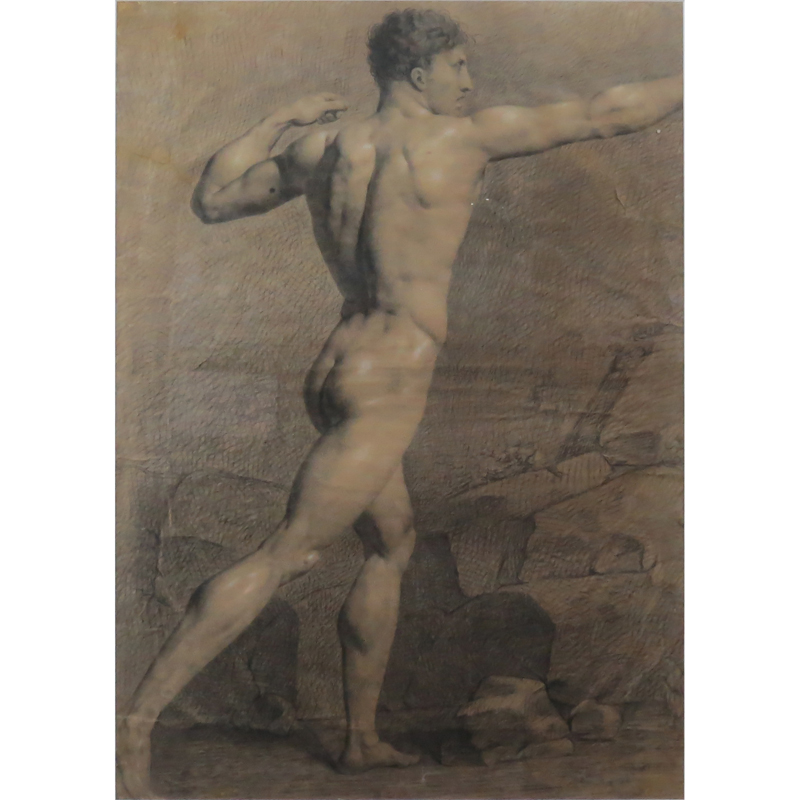 18th Century Charcoal Drawing With Heightener "Male Nude" Unsigned