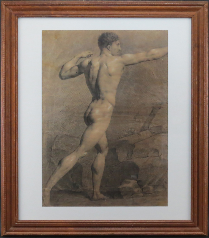18th Century Charcoal Drawing With Heightener "Male Nude" Unsigned