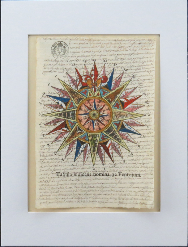 Early 19th Century Folio Hand Decorated with Later Watercolor and Ink with Gold Highlights "Mariners Guide, Tabula indicans nomina 32 Ventorum"