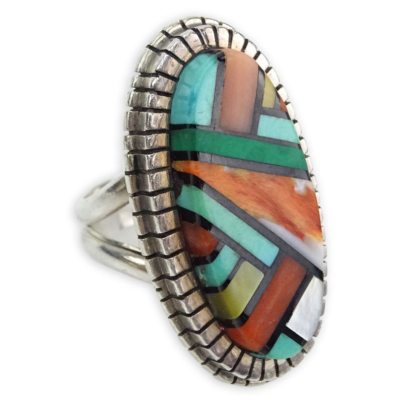 Vintage Sterling Silver Navajo Turquoise Coral Spiny Oyster Shell and Black Jade Inlaid Ring