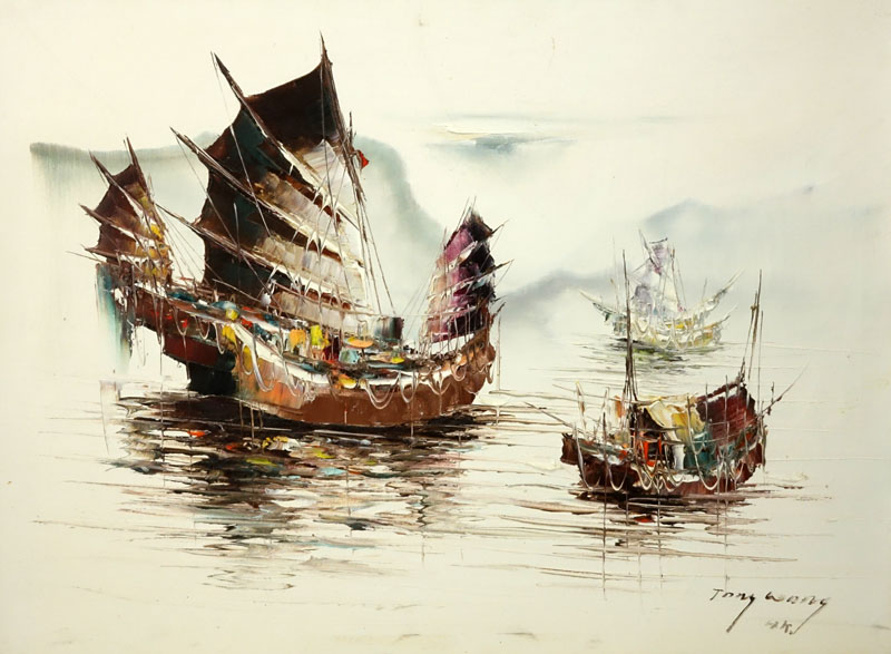 Two Vintage Mid Century Decorative Oil on Canvas Paintings "Chinese Boats" Signed Tony Wang HK
