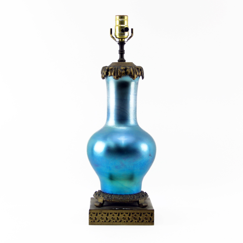 Antique Steuben Blue Iridescent Art Glass Vase Mounted as Lamp