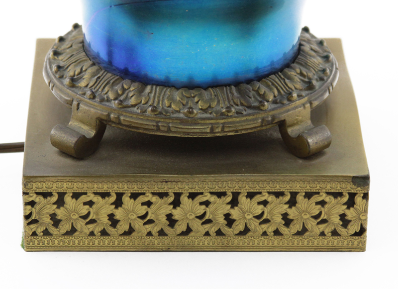 Antique Steuben Blue Iridescent Art Glass Vase Mounted as Lamp